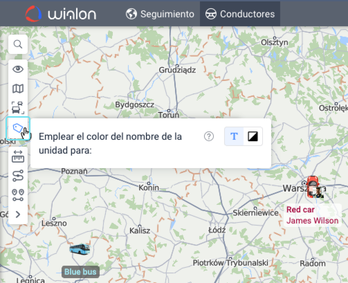 Panel «Emplear el color del nombre de la unidad para» con las opciones «Color del texto» y «Color del fondo»