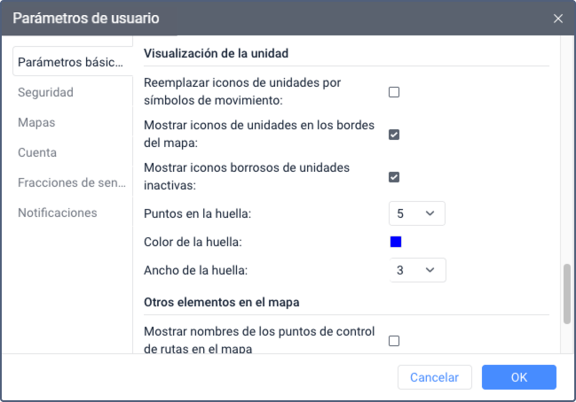Ventana de parámetros de usuario con el panel Visualización de la unidad