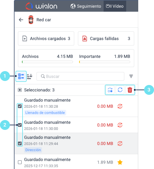La pestaña Vídeo de Wialon para una unidad muestra llamadas numeradas: «1» para el modo de selección, «2» para casillas de verificación junto a cuatro archivos seleccionados y «3» para iconos de acciones masivas («omitir», «reintentar» y «eliminar»)