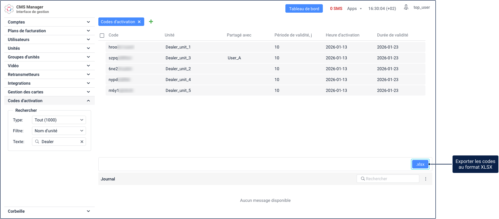 La section « Codes d'activation » dans CMS Manager montrant la barre d'outils avec le bouton d'exportation .xlsx en surbrillance. Le tableau au-dessus affiche les codes d'activation avec les colonnes « Code », « Unité », « Partagé avec », « Période de validité », « Heure d'activation » et « Durée de validité ».