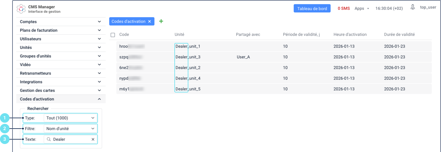 L'interface du CMS Manager montre la section « Codes d'activation ». Un panneau « Recherche » à gauche présente des légendes numérotées pour les champs « Type », « Filtre » et « Texte », avec les résultats filtrés par « Nom de l'unité ». Le tableau au-dessus affiche les codes filtrés avec les colonnes « Code », « Unité », « Partagé avec »