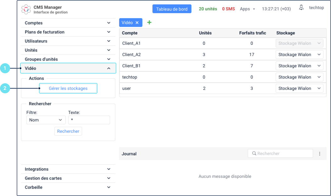 L'onglet Vidéo dans l'interface CMS Manager. Le repère 1 pointe vers la section 'Vidéo' dans le menu de navigation à gauche. Le repère 2 pointe vers le bouton 'Gérer les stockages' directement en dessous. Le tableau principal affiche une liste de comptes avec une colonne 'Stockage'.