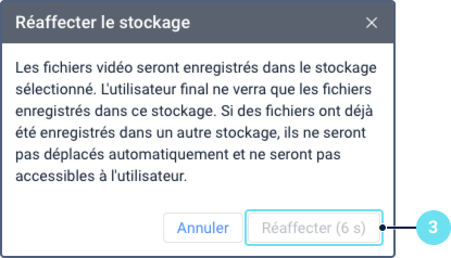 La boîte de dialogue de confirmation 'Réaffecter le stockage'. Elle affiche un avertissement indiquant que les fichiers existants ne seront pas déplacés automatiquement. Le repère 3 pointe vers le bouton 'Réaffecter', qui est temporairement désactivé et affiche un compte à rebours.