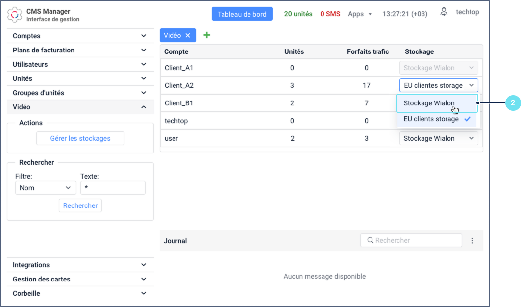 Le processus de désattribution d'un stockage personnalisé dans CMS Manager. Dans l'onglet 'Vidéo', un tableau affiche une liste de comptes. Pour le compte 'Client_B1', l'utilisateur sélectionne 'Stockage Wialon' dans un menu déroulant dans la colonne 'Stockage', revenant ainsi du 'Stockage clients UE' personnalisé.