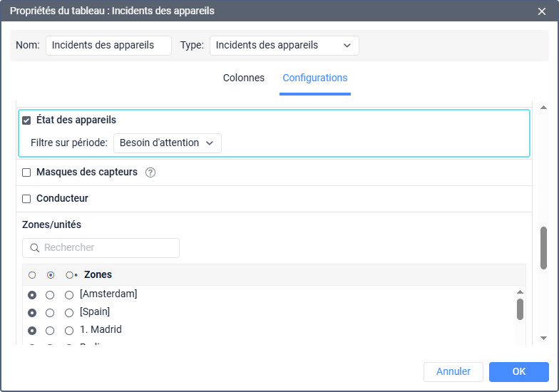 Filtre sur période : État des appareils
