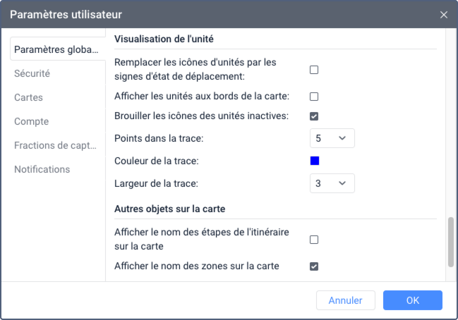 Fenêtre des paramètres utilisateur avec le panneau Visualisation de l'unité