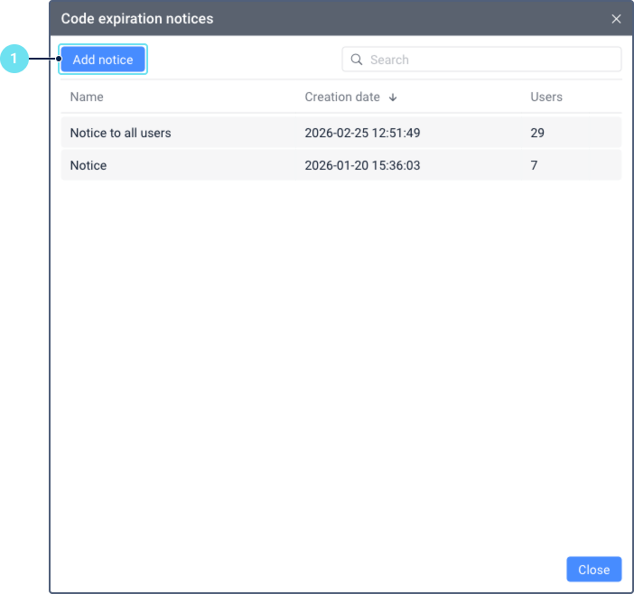 A caixa de diálogo Avisos de expiração de códigos com dois avisos listados e o botão Adicionar aviso destacado.
