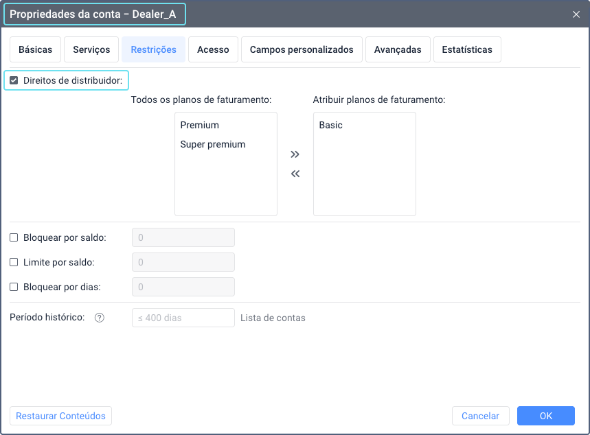 Janela de propriedades da conta aberta na aba Restrições no CMS Manager. A opção Direitos de distribuidor está visível com uma caixa marcada, indicando que está habilitada. Outras opções e configurações estão listadas em formato de tabela.