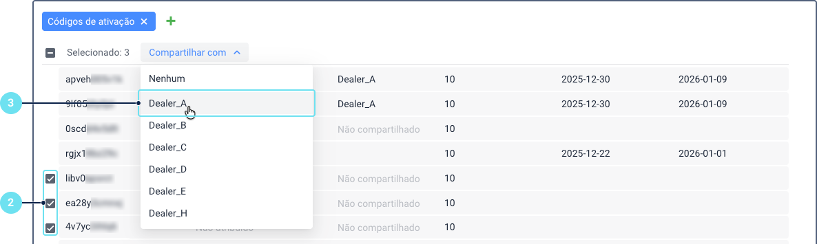 Seção Códigos de ativação com múltiplos códigos selecionados. O número de códigos selecionados é mostrado. A coluna Compartilhar com mostra uma lista suspensa de contas, com uma conta destacada para indicar que está selecionada.