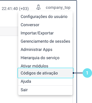 Menu do usuário na interface do CMS Manager com Códigos de ativação destacado.