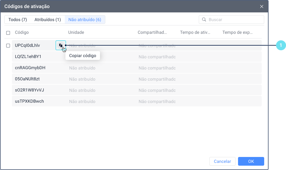 Janela Códigos de ativação do CMS Manager mostrando uma lista de códigos de ativação com colunas para código, unidade, compartilhado com, datas de ativação e expiração. O campo Unidade está vazio e pronto para entrada. O ícone de cópia próximo ao código está destacado.