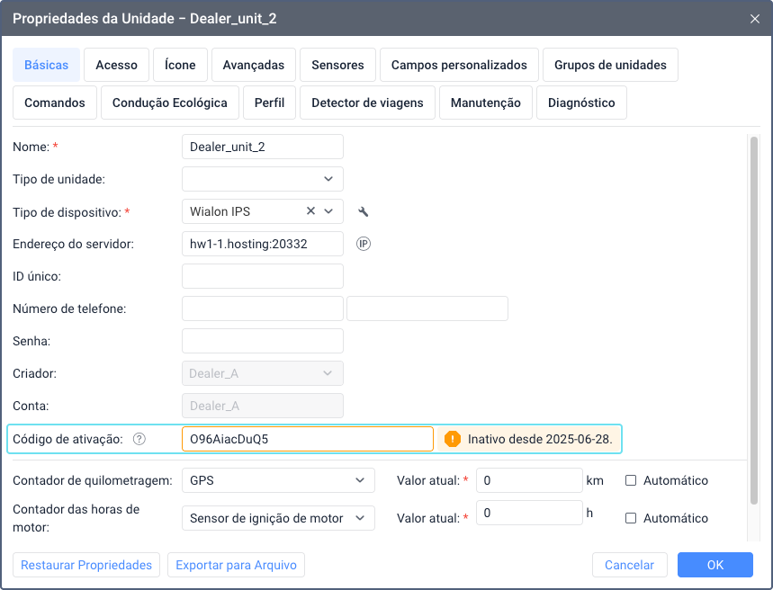 Diálogo de propriedades da unidade mostrando campo Inativo desde em texto laranja exibindo a data de expiração do código de ativação. A data aparece ao lado do campo Código de ativação na interface da aba Básicas
