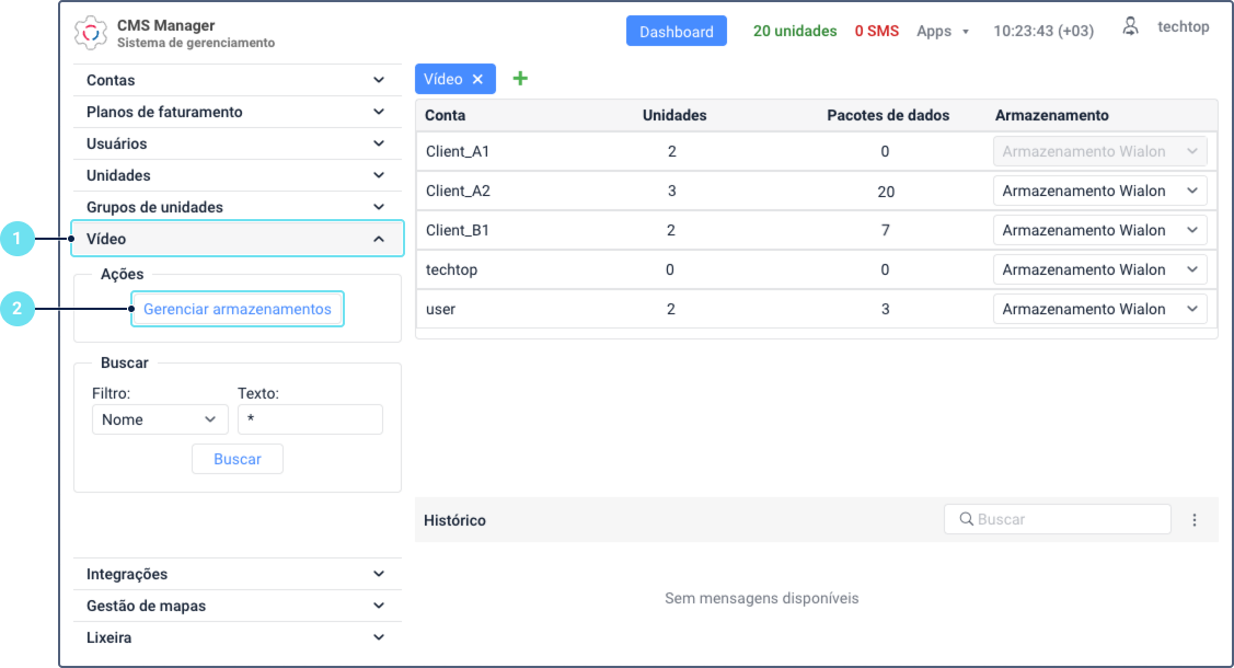 A aba Vídeo na interface do CMS Manager. O destaque 1 aponta para a seção 'Vídeo' no menu de navegação à esquerda. O destaque 2 aponta para o botão 'Gerenciar armazenamentos' logo abaixo. A tabela principal mostra uma lista de contas com uma coluna 'Armazenamento'.