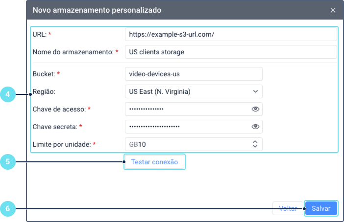 O formulário 'Novo armazenamento personalizado' mostrado com detalhes de exemplo preenchidos. O destaque 4 aponta para o bloco de campos de configuração como URL, Bucket e Chave de acesso. O destaque 5 destaca o botão 'Testar conexão'. O destaque 6 aponta para o botão 'Salvar' na parte inferior da janela.