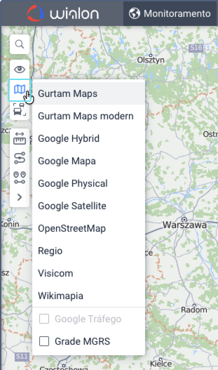 Menu de seleção de mapa listando camadas base como Gurtam Maps, Google Hybrid e OpenStreetMap, e camadas adicionais como Google Tráfego e Grade MGRS