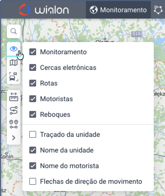 Menu de camadas visíveis com caixas de seleção para Monitoramento, Cercas eletrônicas, Rotas, Motoristas, Reboques, Traçado da unidade, Nome da unidade, Nome do motorista e Flechas de direção de movimento