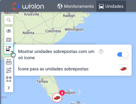 Painel de configurações de exibição de unidades com a opção "Mostrar unidades sobrepostas com um só ícone" ativada e um carro vermelho definido como ícone para unidades sobrepostas