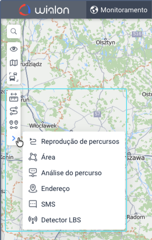 Menu de ferramentas expandido a partir do painel esquerdo do mapa, listando Reprodução de percursos, Área, Análise do percurso, Endereço, SMS e Detector LBS