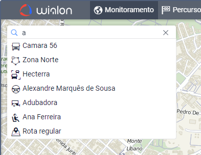 Campo de busca com a consulta "a" e uma lista correspondente de resultados: uma unidade, uma cerca eletrônica, um grupo de unidades, um motorista, um reboque, um passageiro e uma rota